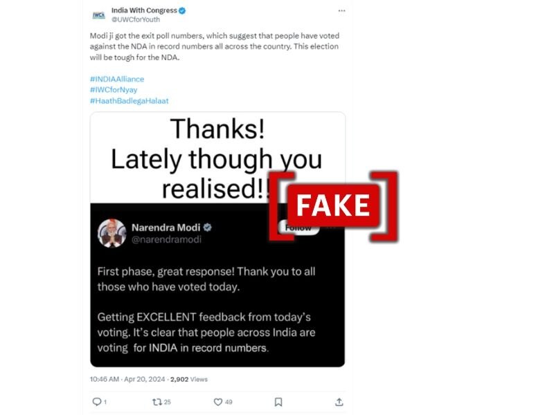Fact Check: PM Modi’s X Post Altered To Show Him Hail ‘Record Votes’ For INDIA Bloc In 1st Phase