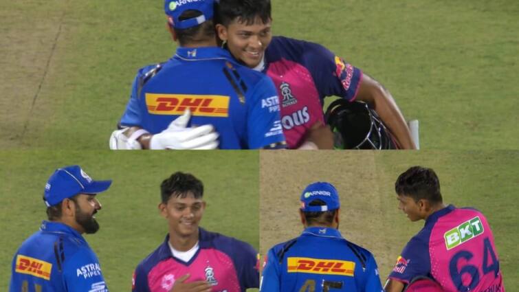 Rohit Sharma Hugging Yashasvi Jaiswal After Century MI vs RR IPL 2024 Latest Sports News Watch: रोहित शर्मा ने यशस्वी जायसवाल को शतक के बाद लगाया गले, दिल जीत लेगा 'हिटमैन' का यह अंदाज