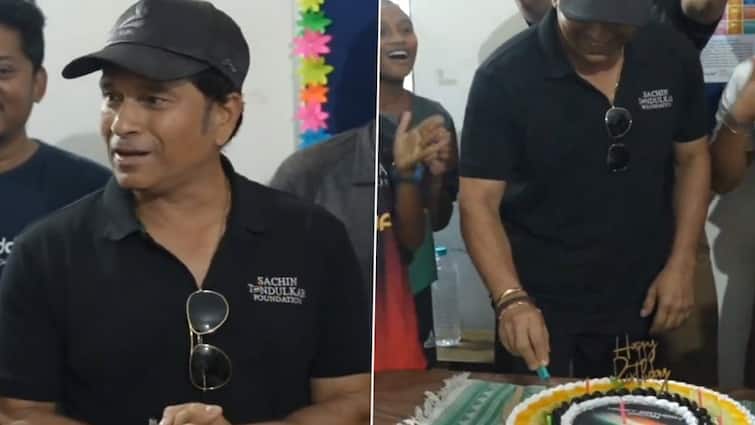 Happy Birthday Sachin Tendulkar: sachin tendulkar cuts cake with children Happy Birthday: માસ્ટર બ્લાસ્ટરે પોતાના બર્થ-ડે પર સચિન તેંડુલકર ફાઉન્ડેશનના બાળકો સાથે કાપી કેપ, જુઓ VIDEO