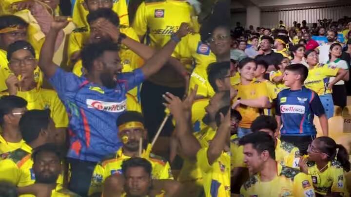 one small kid and another guy of lucknow super giants fans alone is owning CSK fans in Chepauk - Watch Video Watch Video: மஞ்சள் படைக்கு நடுவே! சிங்கமாய் கர்ஜித்த இரண்டு லக்னோ ரசிகர்கள்: இணையத்தில் வைரலாகும் வீடியோ!
