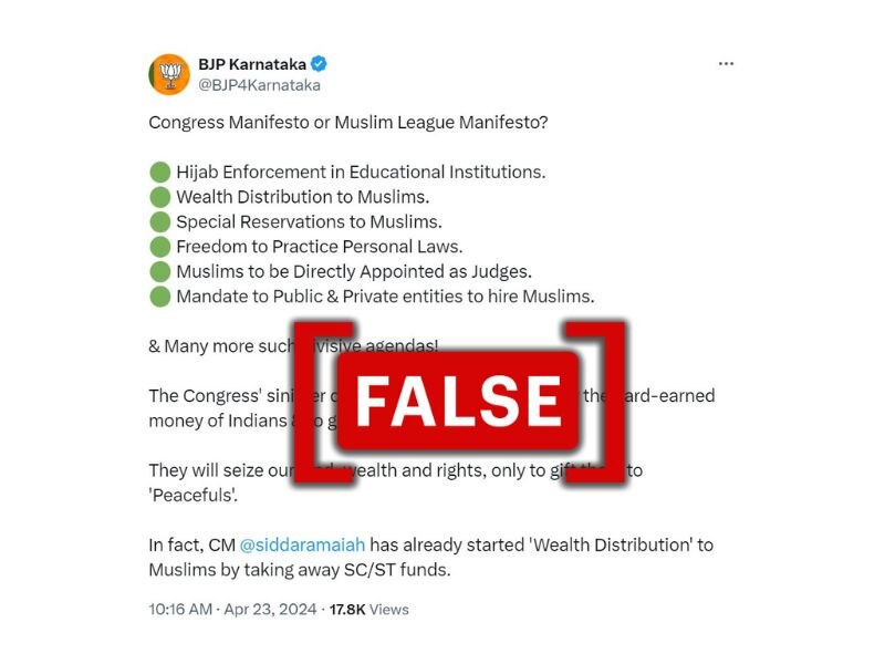 Fact Check: Karnataka BJP Makes False Claims Over Muslim Benefits In Congress Manifesto