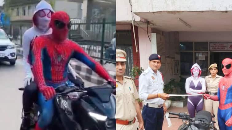 Spiderman stunt with Spidergirl Delhi Najafgarh road prove costly police registered case ann दिल्ली की सड़क पर स्पाइडरमैन को स्पाइडरगर्ल के साथ स्टंट करना पड़ा महंगा, मुकदमा दर्ज