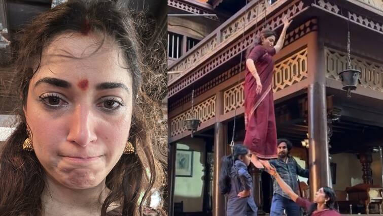 aranmanai 4 actress tamannaah bhatia shares behind the scenes video Watch Video: அரண்மனை 4க்காக கயிற்றில் தொங்கியபடி ஸ்டண்ட்.. தமன்னா எடுத்த ரிஸ்க்.. வீடியோ உள்ளே!