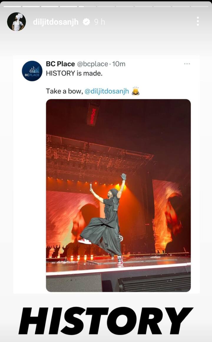 ਪੰਜਾਬੀ ਗਾਇਕ ਦਿਲਜੀਤ ਦੋਸਾਂਝ ਨੇ ਇੱਕ ਵਾਰ ਫਿਰ ਇਤਿਹਾਸ ਰਚ ਦਿੱਤਾ ਹੈ। ਦਿਲਜੀਤ ਨੇ 27 ਅਪ੍ਰੈਲ ਨੂੰ (ਕੈਨੇਡਾ ਦੇ ਟਾਈਮ ਦੇ ਹਿਸਾਬ ਨਾਲ) ਕੈਨੇਡਾ ਦੇ ਬੀਸੀ ਸਟੇਡੀਅਮ 'ਚ 54 ਹਜ਼ਾਰ ਤੋਂ ਵੀ ਜ਼ਿਆਦਾ ਲੋਕਾਂ ਸਾਹਮਣੇ ਲਾਈਵ ਪਰਫਾਰਮੈਂਸ ਦਿੱਤੀ।