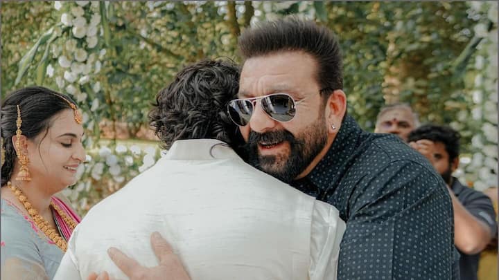 Sanjay Dutt's pictures and videos from Kannada actor Dhruva Sarja's son naming ceremony have found their way on social media.