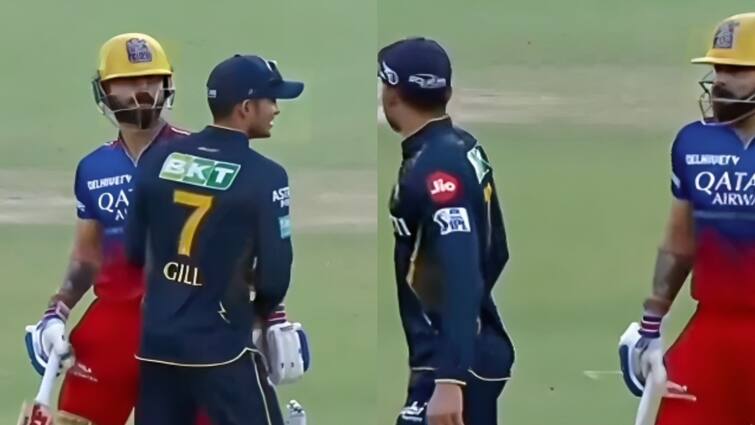 Virat Kohli and Shubman Gill funny banter in IPL 2024 GT vs RCB match watch viral video Watch: मैच के बीच शुभमन गिल से भिड़ गए विराट कोहली, कंधा मारने का वीडियो आया सामने!