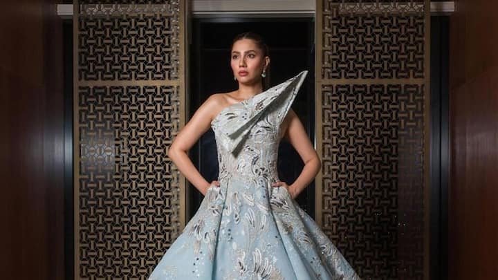 Mahira Khan attended an event in Dubai while wearing a Michael Cinco Cinderella gown in an icy blue colour.