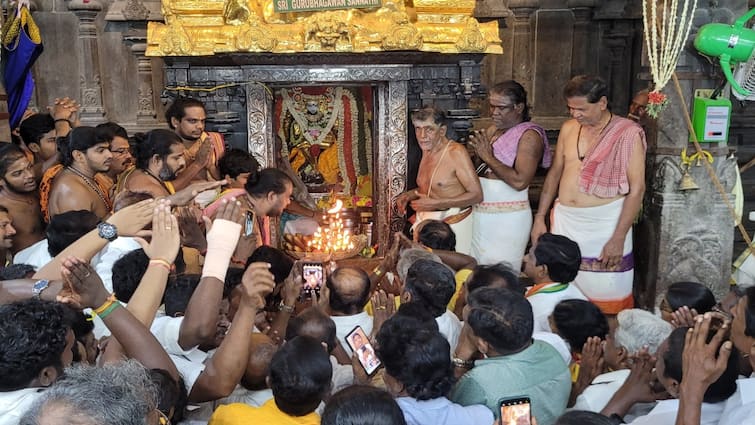 Guru Peyarchi 2024 Alangudi Guru Temple Jupiter Transit From Mesham Rasi to Rishaba Rasi TNN Guru Peyarchi 2024: மேஷத்தில் இருந்து ரிஷபத்திற்கு இடம் பெயர்ந்தார் குருபகவான் - ஆலங்குடியில் சிறப்பு வழிபாடு