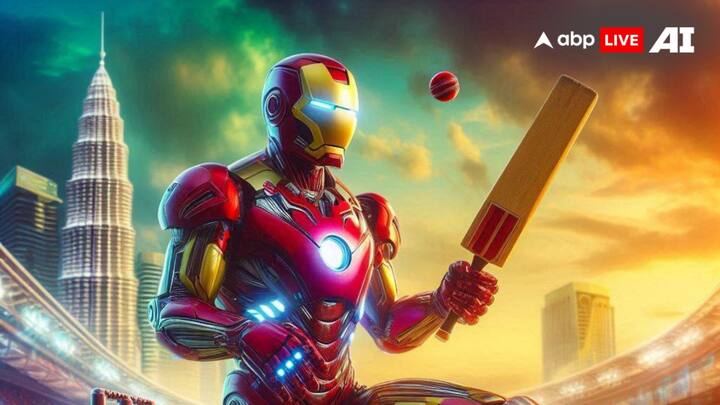 अगर आपको आयरन मैन के हाथ में बल्ला नजर आए तो आपको कैसा लगेगा. एआई ने आयरन मैन की ये तस्वीर बनाई है, जिसमें वो बैट पकड़े नजर आ रहा है.