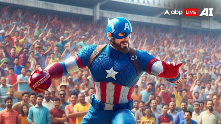 एआई की तस्वीर में कैप्टन अमेरिका के हाथ में उनकी शील्ड नहीं बल्कि क्रिकेट की गेंद है, जिससे वो बॉलिंग करा रहे हैं.