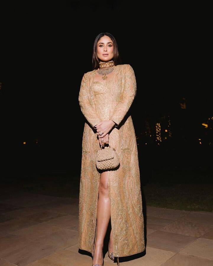 ऑफ व्हाइट आणि गोल्डन कलरच्या ड्रेसमध्ये करीना कपूर खूपच सुंदर दिसत आहे.