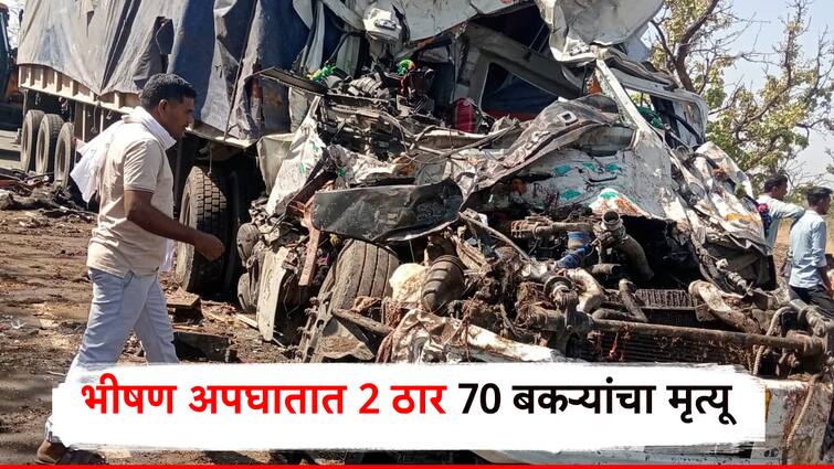 Eicher truck and trailer mishap in yavatmal Two people died on the spot 70 goats also died in accident marathi news आयशर ट्रक अन् ट्रेलरचा भीषण अपघात; दोन जण जागीच ठार, 70 बकऱ्यांचाही मृत्यू