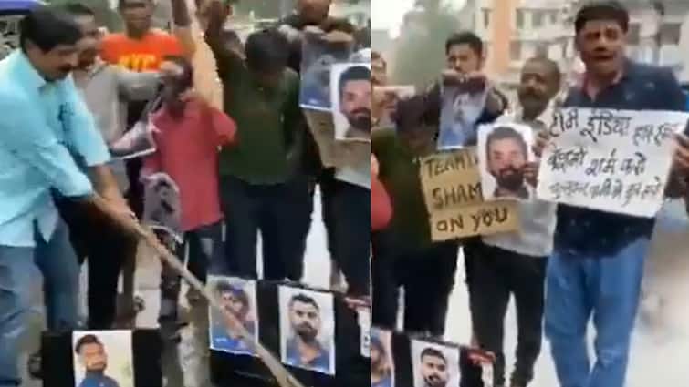 india t20 world cup 2024 squad people protesting against rohit sharma virat kohli hardik pandya poster Watch: विराट-रोहित पर बरसी लाठियां, टी20 वर्ल्ड कप टीम के लिए लगे हाय-हाय के नारे; वीडियो वायरल