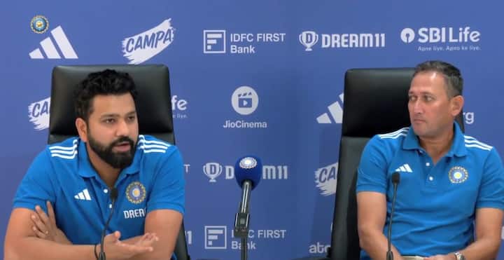 संघ जाहीर झाल्यानंतर निवड समिती प्रमुख अजित आगरकर आणि कर्णधार रोहित शर्मा यांनी काल (गुरुवारी) मुंबईत संयुक्त पत्रकार परिषद घेतली. या पत्रकार परिषदेत रोहित शर्मा आणि अजित आगरकर यांनी विविध प्रश्नांची उत्तरे दिली. (photo credit-BCCI)