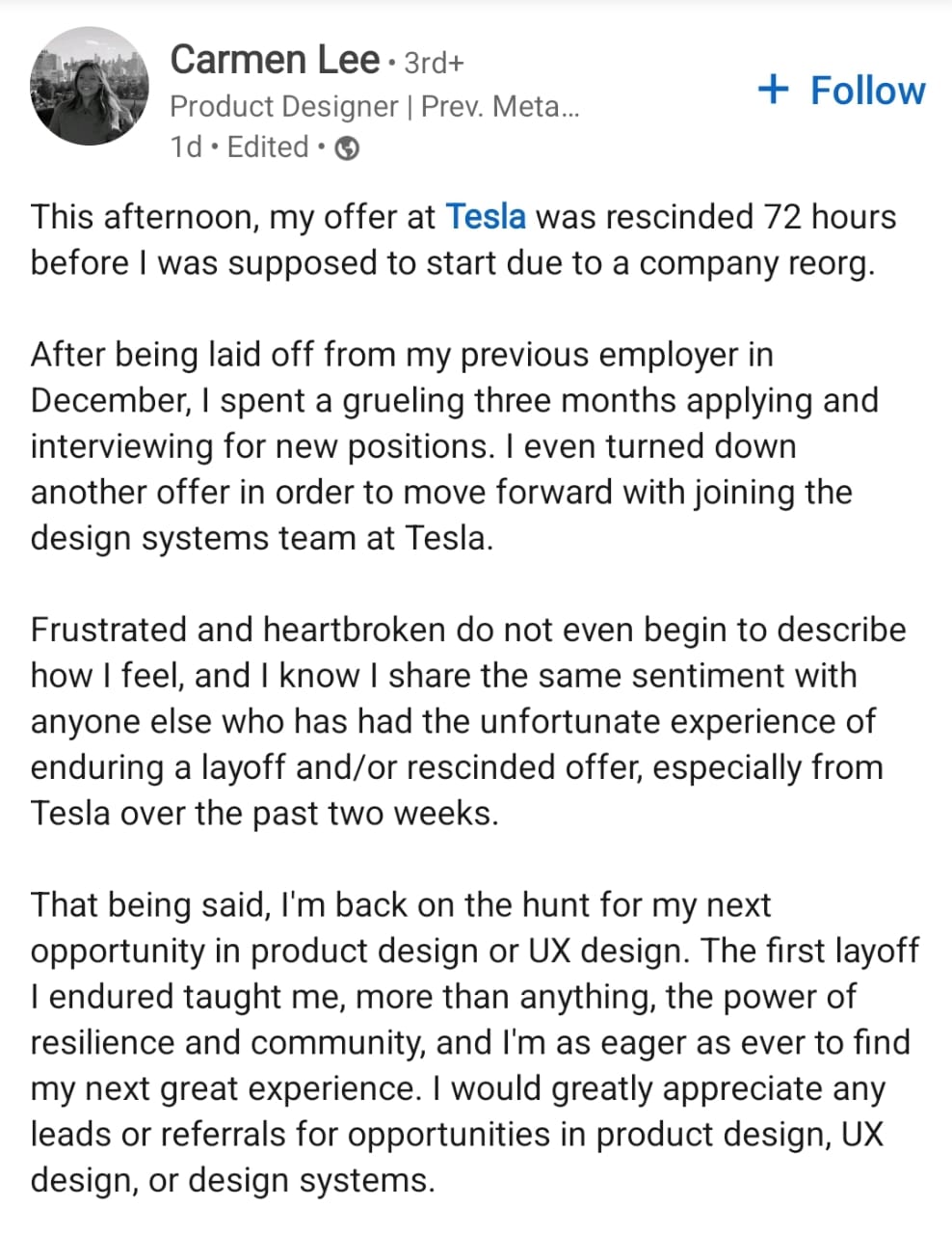 Tesla में जॉइनिंग से 72 घंटे पहले कैंसिल हुआ ऑफर लेटर, Ex-Meta इंटर्न का टूटा दिल