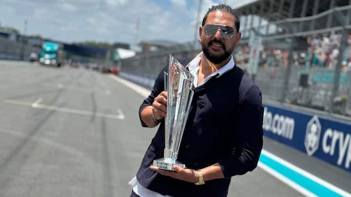 Yuvraj Singh posed with the T20 World Cup 2024 trophy at the Miami Grand Prix which McLaren's Lando Norris went on to win to claim his maiden T20 World Cup triumph.