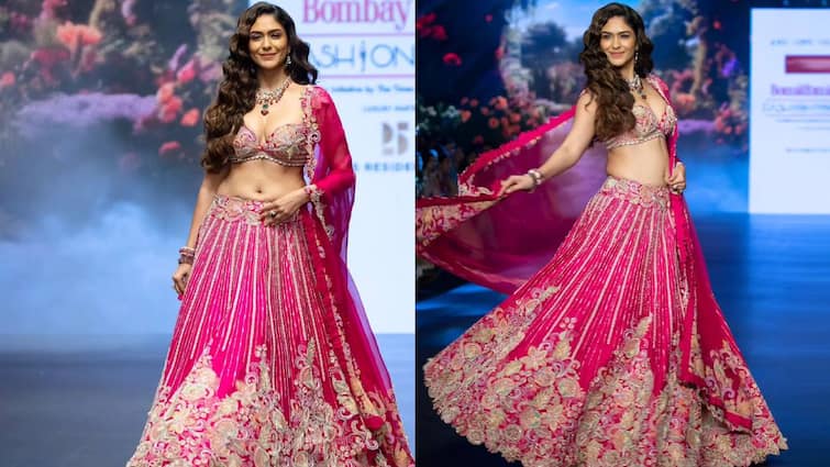 Mrunal Thakur looks stunning in Hot Pink lehanga at fashion show Traditional Look: मृणाल ठाकुर के हॉट पिंक लहंगे ने जीता फैशन लवर्स का दिल