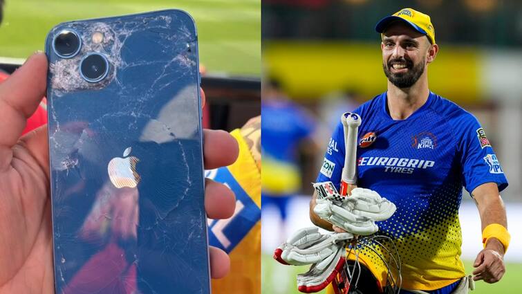 CSK Daryl Mitchell shot broke a fan's phone during practice and gave him gloved as gift watch IPL 2024 Watch: डेरिल मिचेल से टूटा फैन का मोबाइल, फिर चेन्नई के स्टार ने दिया खास तोहफा, वीडियो वायरल