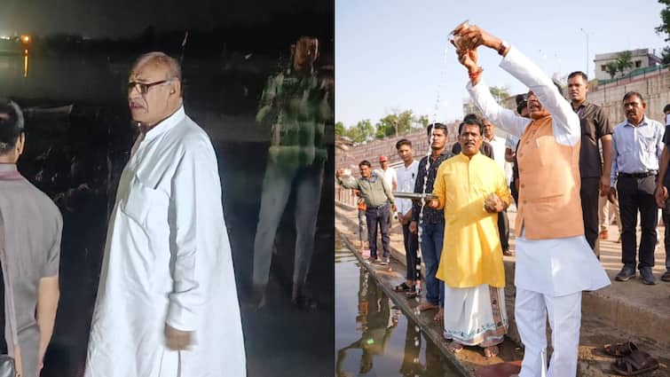 Digvijaya Singh Shivraj Singh Chouhan take Holy Bath in River Narmada before MP Lok sabha Elections Voting ANN मध्य प्रदेश में वोटिंग से पहले दिग्विजय-शिवराज ने मां नर्मदा में किया स्नान, की पूजा अर्चना