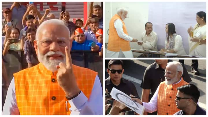 Prime Minister Narendra Modi on Tuesday voted at a polling booth in Ahmedabad, Gujarat, during the third phase of Lok Sabha Elections.