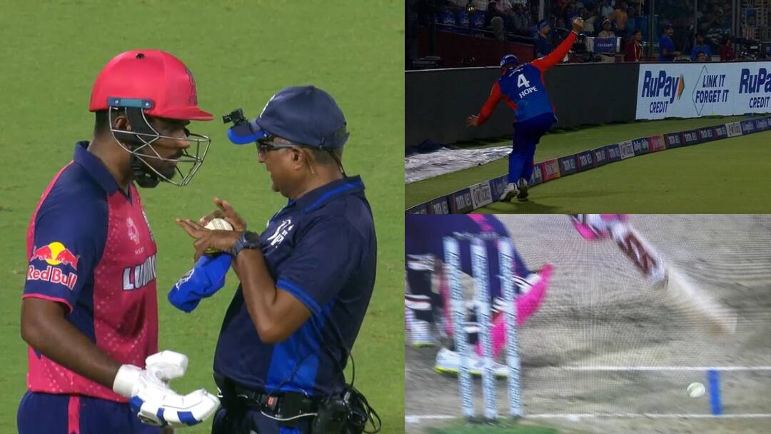 sanju samson catch controversy and controversial wide ball 19th over dc vs rr ipl 2024 match umpire bad decisions आगे-पीछे दायें-बाएं खूब सारे कैमरे, फिर भी अंपायरों के घटिया फैसले; IPL का ये सिस्टम हुआ शर्मसार