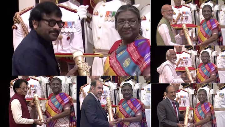 President Murmu presents Padma Awards 2024 at Civil Investiture Ceremony II at Rashtrapati Bhavan Telugu films Mega Star Chiranjeevi Padma Award given to six dignitaries from Maharashtra marathi news महाराष्ट्रातील सहा मान्यवरांना पद्म पुरस्कार प्रदान; मेगास्टार चिरंजीवीला पद्मविभूषण