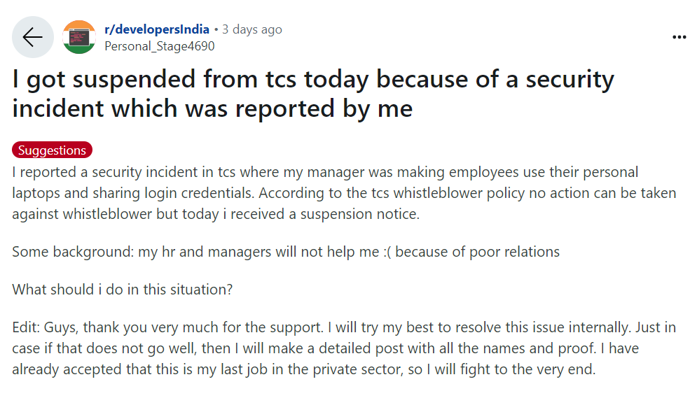 TCS Employee Allegedly Suspended For Security Report; Check Here The Reddit Post