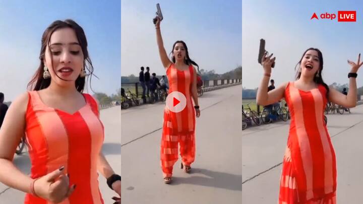 Simran yadav An Instagrammer from Lucknow is making a reel while waving a gun in her hand इंस्टाग्राम इन्फ्लुएंसर ने सरेआम लहराई पिस्टल...यूजर्स बोले देश का माहौल खराब कर रहे लोगों को जेल में डालो