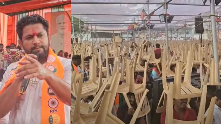 Sujay Vikhe campaign rally in Ahmednagar Lok Sabha constituency in heavy rain Nilesh Lanke Maharashtra Politics Marathi News Sujay Vikhe : भर पावसात सुजय विखेंनी सभा गाजवली; मंडप कोसळला, डोक्यावर खुर्च्या घेत कार्यकर्त्यांची जोरदार घोषणाबाजी