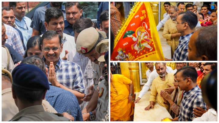 Delhi Chief Minister Arvind Kejriwal visits Hanuman Mandir a day after he got interim bail in a money laundering case along with his Sunita Kejriwal & Punjab CM Bhagwant Mann.