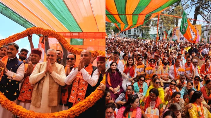 BJP Shimla Rally: 13 मई को शिमला संसदीय क्षेत्र से बीजेपी प्रत्याशी सुरेश कश्यप अपना नामांकन दाखिल करने वाले हैं. इससे पहले रविवार को शिमला के चौड़ा मैदान में एक विशाल जनसभा का आयोजन किया गया.