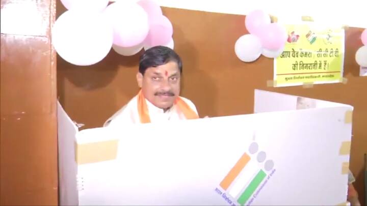 Madhya Pradesh CM Mohan Yadav casts his vote at a polling station in Ujjain. (Photo: ANI)