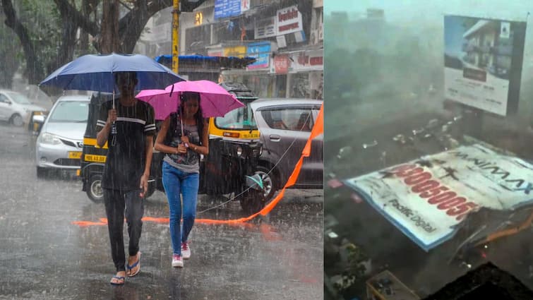 Massive Dust Storm Hits Mumbai Season First Rain Disrupts Airport Operations watch videos Mumbai: Billboards Fall, Metal Parking Collapses After Dust Storm, Viral Video Shows 'Doomsday' Shelf Cloud