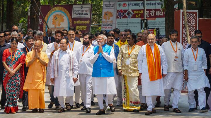 PM Modi leaves after filing his nomination on Tuesday, accompanied b, UP CM Yogi Adityanath, Union Home Minister Amit Shah, BJP President J P Nadda, UP CM Yogi Adityanath and other NDA leaders. (Photo: PTI)