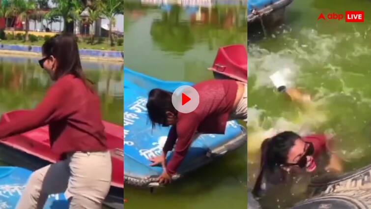 trending reel A girl falls into a pond while making a reel, after which users make fun of her Video: रील बनाने के चक्कर में मुंह के बल तालाब में गिरी लड़की, लोग बोले- एक मछली पानी में गिरी छपाक