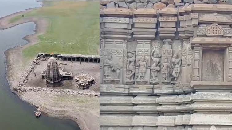 Ujani dam water level drops hemadpanthi palasnath temple comes out of water Ujani dam: उजनीचा पाणीसाठा मायनस 50 टक्के, धरणाच्या पोटातील दुर्मिळ मंदिरं पाण्याबाहेर, डोळ्यांचं पारणं फेडणारं दृश्य