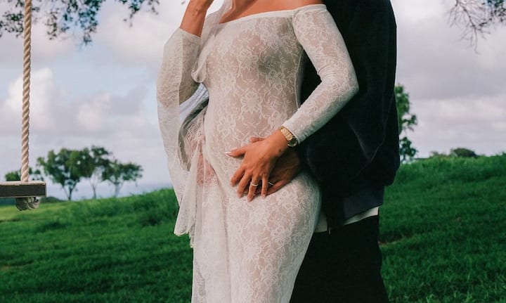 The couple shared a black-and-white footage of them renewing their wedding vows. In the clip, Hailey showcased her baby bump wearing a white lace dress and veil. (All images: Instagram/@haileybieber)