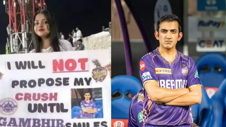 Fan Girl Holds Placard With Will Not Propose My Crush Until Gambhir Smiles Message, KKR Mentor Responds Gambhir: ”நீங்க இத பண்ணலேன்னா என் காதல்..” சோகத்தில் நின்ற ரசிகைக்காக கம்பீர் செய்த காரியம்..!