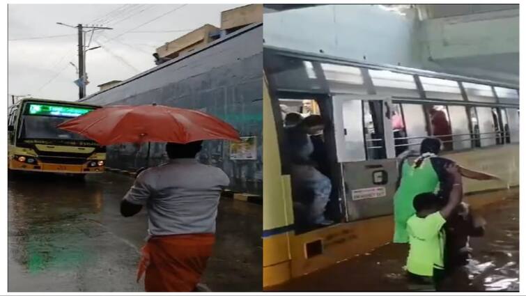 Tirunelveli Government bus gets stuck in rainwater Driver suspended for negligence - TNN நெல்லை அருகே மழைநீரில் சிக்கிய அரசு பேருந்து..! அலட்சியமாக செயல்பட்ட ஓட்டுநர் சஸ்பெண்ட்..!