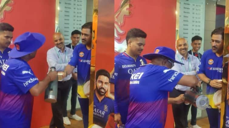 MS Dhoni Served Chai CSK Chennai Super Kings Captain Tea RCB Dressing Room IPL 2024 Viral Video MS Dhoni Welcomed With Chai: Former CSK Captain Enjoys Cup Of Tea In RCB Dressing Room Before Crucial IPL Match- VIRAL VIDEO