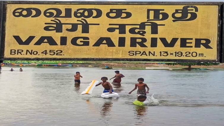 Vaigai river Childrens swimming without realizing the flood warning in Sivagangai  - TNN Vaigai river: வெள்ள அபாய எச்சரிக்கையை உணராமல் வைகை ஆற்றில் ஆனந்த  குளியல் போடும் சிறுவர்கள்