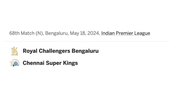 18 मई को आईपीएल 2024 में रॉयल चैलेंजर्स बैंगलोर और चेन्नई सुपर किंग्स का मुकाबला है. चेन्नई सुपर किंग्स जीतती है. तो प्ले ऑफ के लिए क्वालीफाई कर जाएगी. वहीं आरसीबी को कुछ मार्जिन से जीतना होगा.