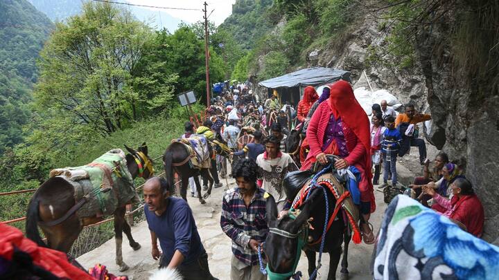 Pilgrims during their trek to the Kedarnath temple in Rudraprayag district as part of the Char Dham Yatra | Photo: PTI