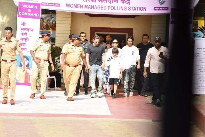 Shah Rukh is spotted with wife Gauri Khan, daughter Suhana and son AbRam as they exit the polling station.