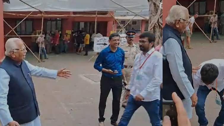 North West Mumbai Loksabha constituency voting Amol Kirtikar bow down and touch feet of BJP vetern leader Ram Naik North West Mumbai Loksabha: मतदान केंद्रावर भाजपचा ज्येष्ठ नेता समोर दिसताच अमोल कीर्तिकरांनी वाकून केला नमस्कार अन्