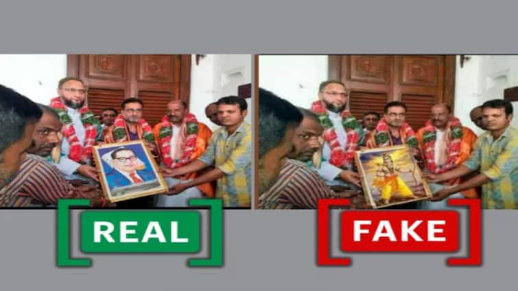 fake edited photo of aimim leader owaisi holding lord ram photo gone viral Fact Check: ఎంఐఎం అధినేత ఒవైసీ రాముని చిత్రపటం పట్టుకున్నారా? - షేర్ అవుతున్న ఫోటోలో నిజమెంత?