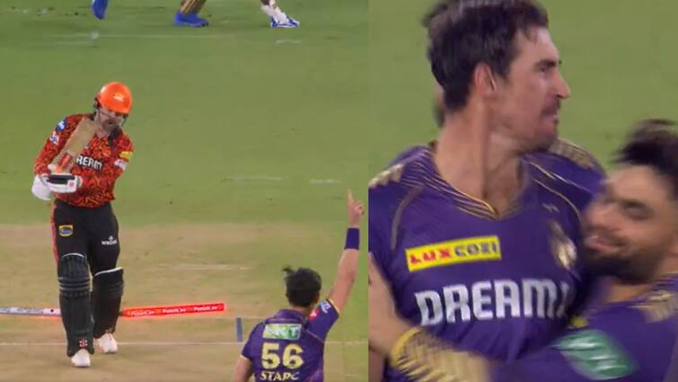 kkr vs srh qualifer 1 ipl 2024 mitchell starc deadly bowling took 3 wickets under powerplay watch travis head clean bowled video KKR vs SRH: मिचेल स्टार्क का कहर, पावरप्ले में ही हैदराबाद का टॉप ऑर्डर किया ढेर; देखें हेड को कैसे मारा बोल्ड