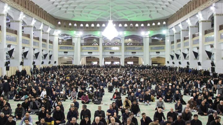Iranians attend a mourning ceremony organised at Musalla Mosque, Tabriz, for President Ebrahim Raisi and others killed in the helicopter crash. Raisi had been scheduled to inaugurate a project at the Tabriz oil refinery and was on his way there when the crash occurred.  (Photo: Getty)