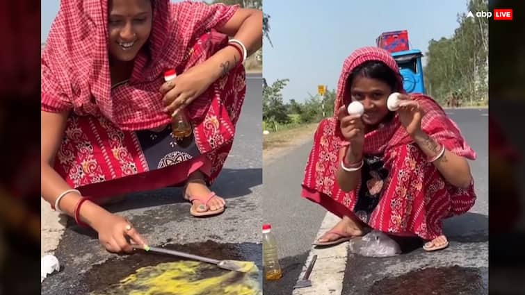 woman roadside making omelette Heat wave viral trending video Viral Video: गर्मी इतनी है कि बिना गैस-चूल्हे के सीधे सड़क ही आमलेट बनाने लगी महिला, सामने आया वीडियो