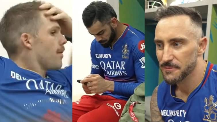 Royal Challengers Bengaluru RCB dressing room sad video after IPL 2024 Eliminator against RR Watch Watch: एलिमिनेटर में हार के बाद RCB के ड्रेसिंग रूम में छाई 'मायूसी', कोहली-फाफ ने बयां किए इमोशन; देखें वीडियो